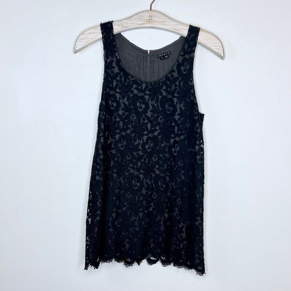 Theory Winoa Black Lace Floret Sleeveless Tunic Size Small Tank Top Zipper Back - Picture 1 of 5